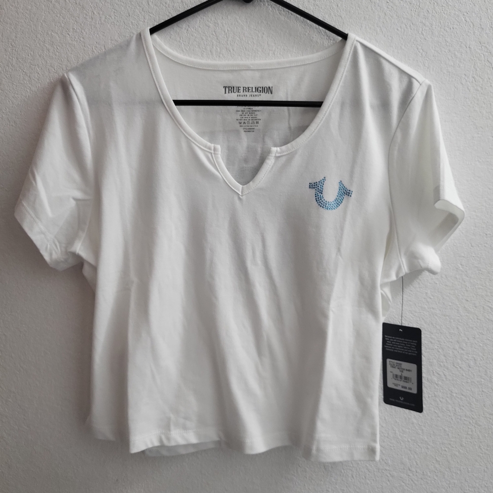 True Religion White Blue Crop Fitted T-Shirt